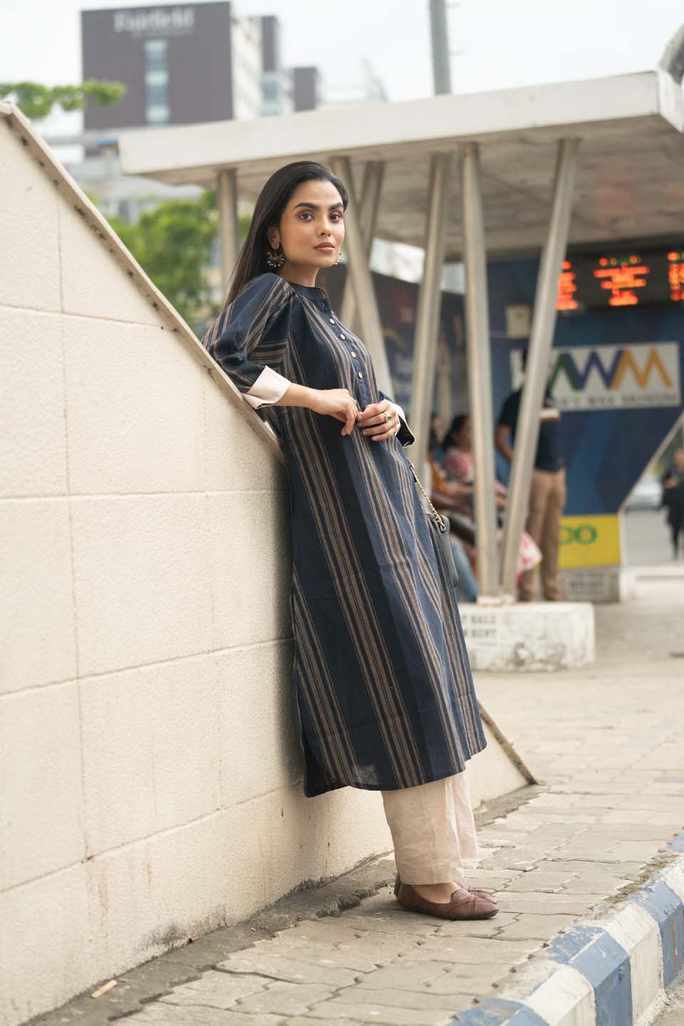 Navy Chalk — Handloom Stripe Cotton Coord Set with Contrast Cream Cuffs
