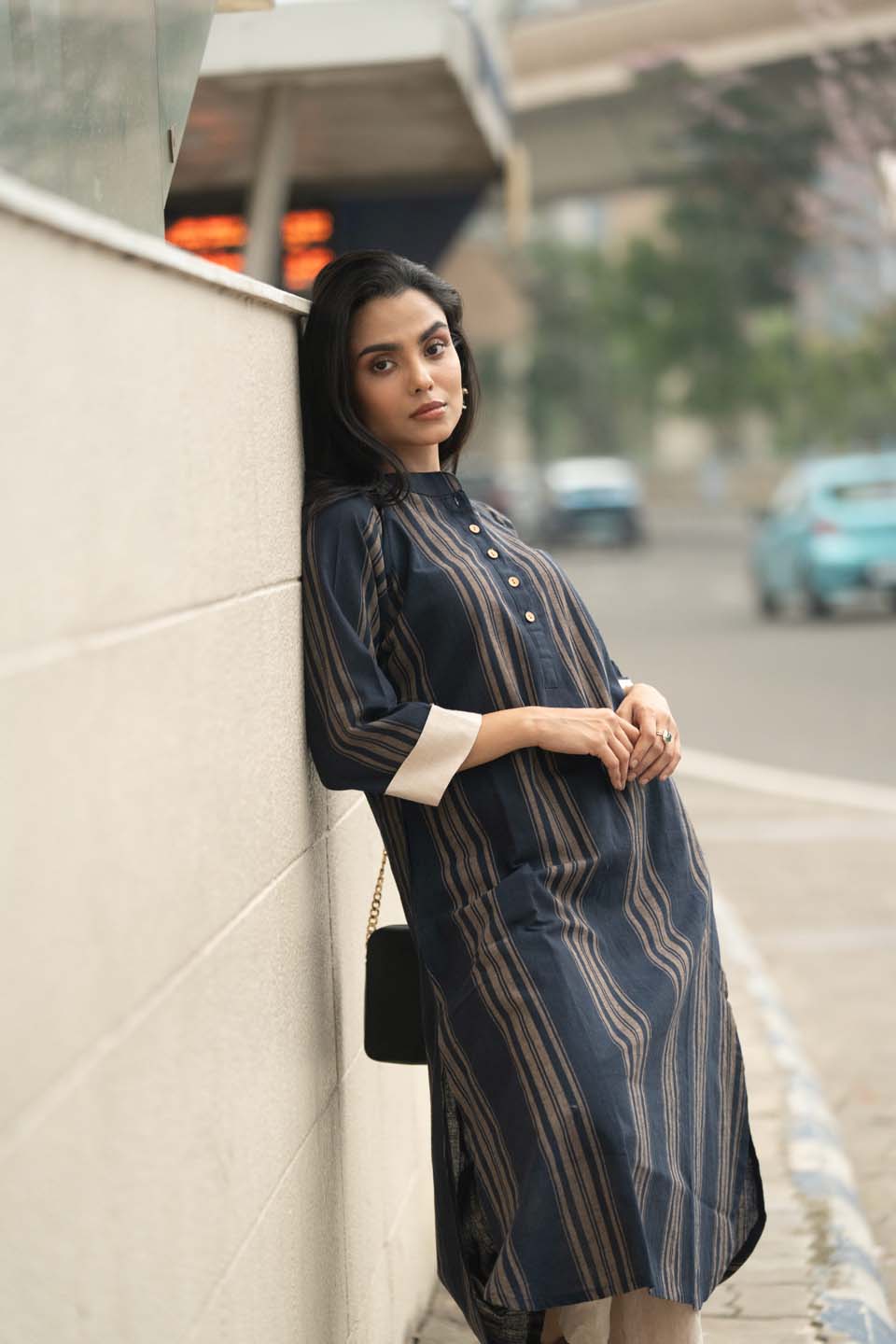 Navy Chalk — Handloom Stripe Cotton Coord Set with Contrast Cream Cuffs