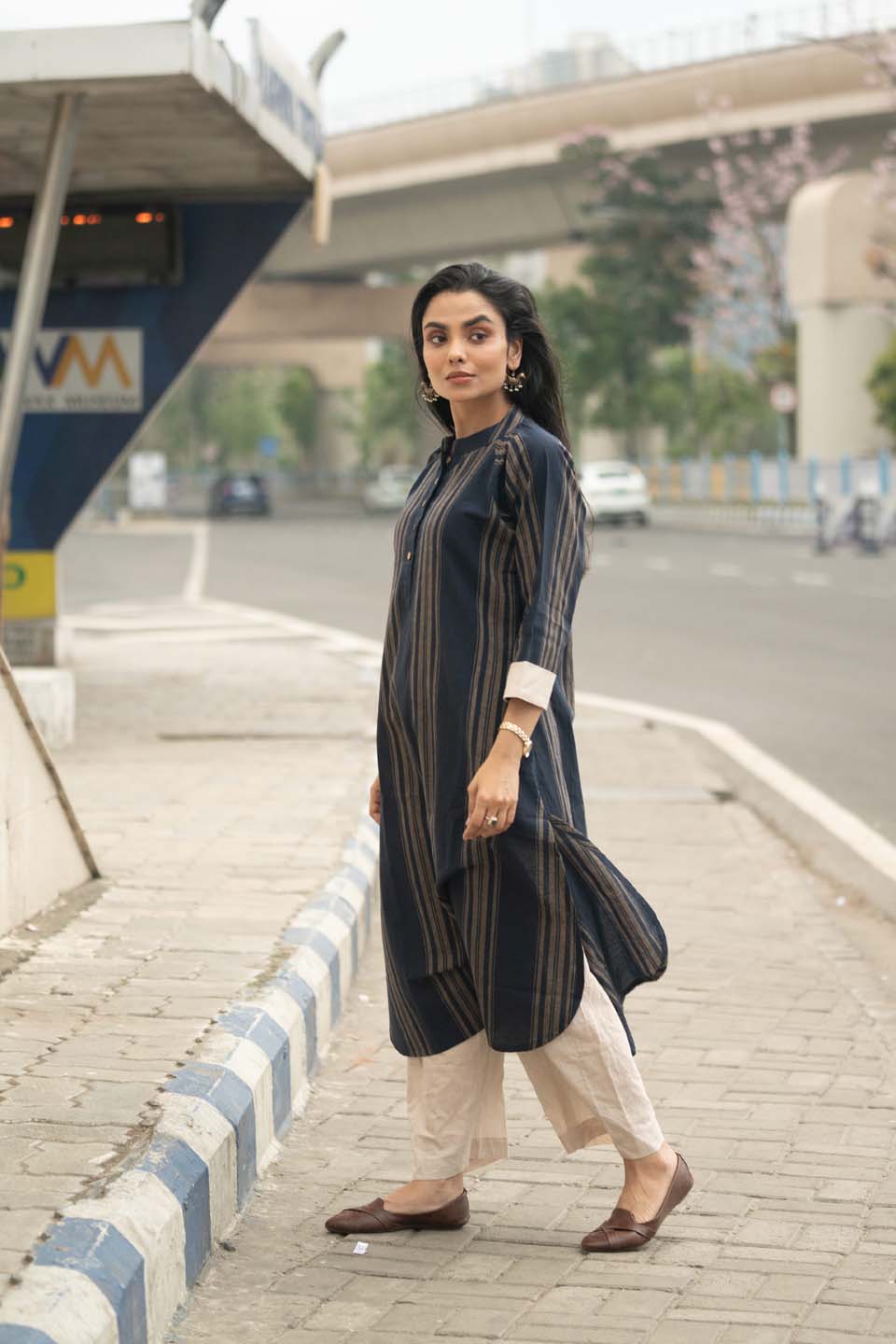 Navy Chalk — Handloom Stripe Cotton Coord Set with Contrast Cream Cuffs
