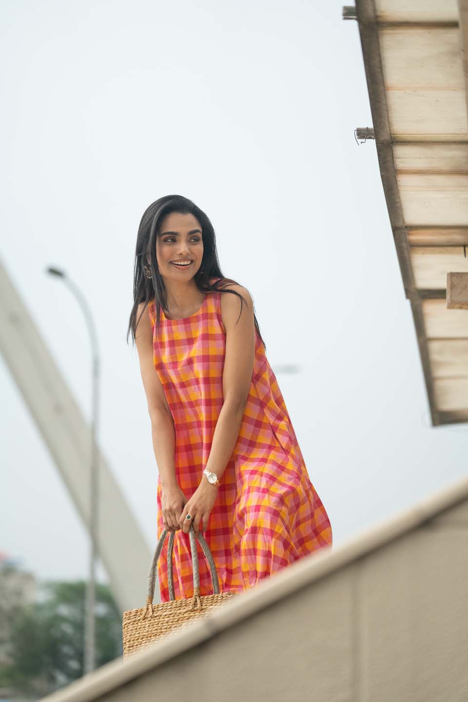 Fiesta Bubble — Handloom Plaid Balloon Dress with Adjustable Hem
