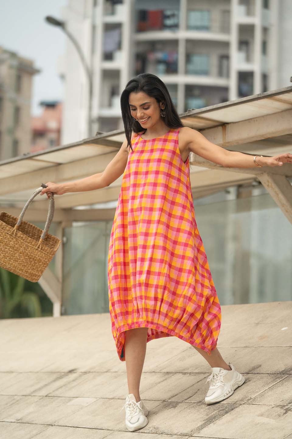 Fiesta Bubble — Handloom Plaid Balloon Dress with Adjustable Hem