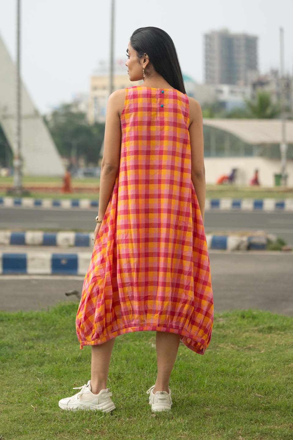 Fiesta Bubble — Handloom Plaid Balloon Dress with Adjustable Hem