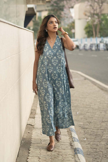 Indigo Knot — Knotted Halter Maxi Dress in Block Print Cotton