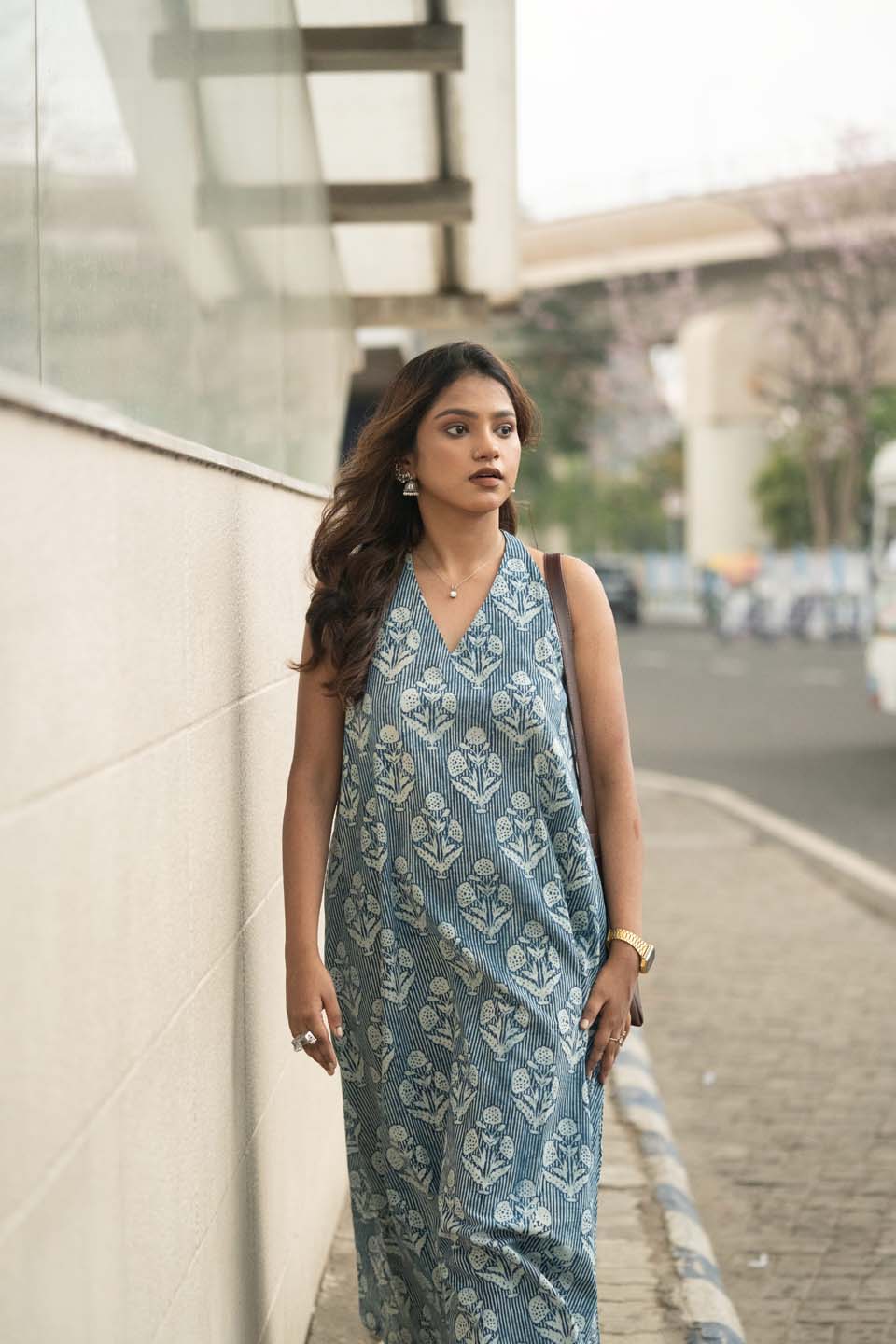 Indigo Knot — Knotted Halter Maxi Dress in Block Print Cotton
