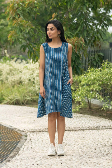 Indigo Lehr — Resist-Stripe Indigo Cotton Mini Dress