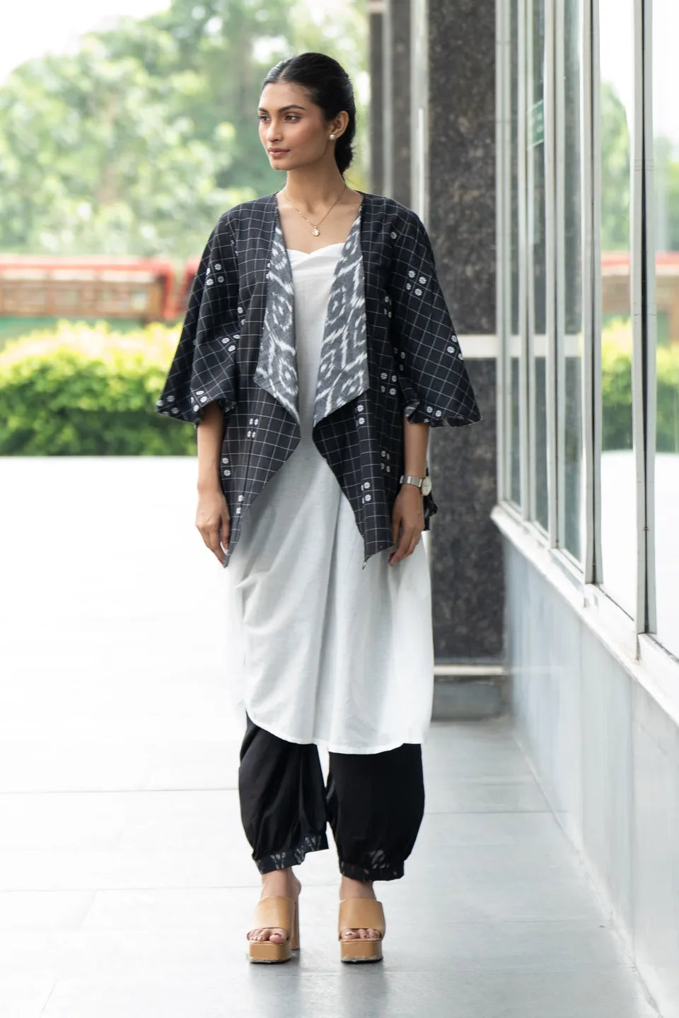 Domino Drape — Reversible Check & Grey Ikat Cotton Waterfall Shrug