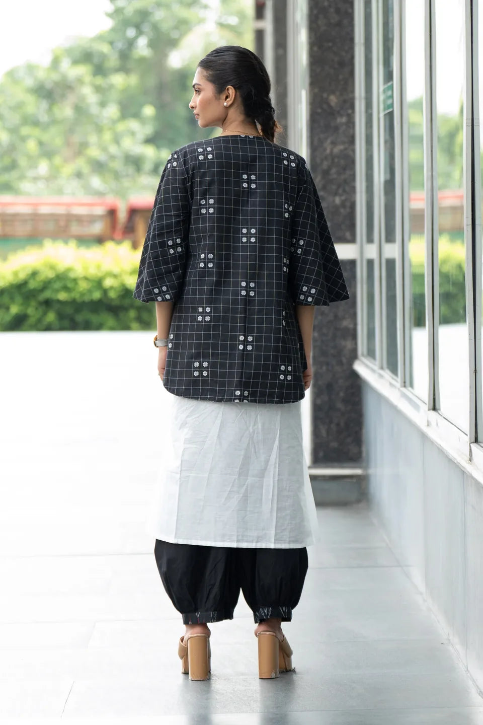 Domino Drape — Reversible Check & Grey Ikat Cotton Waterfall Shrug