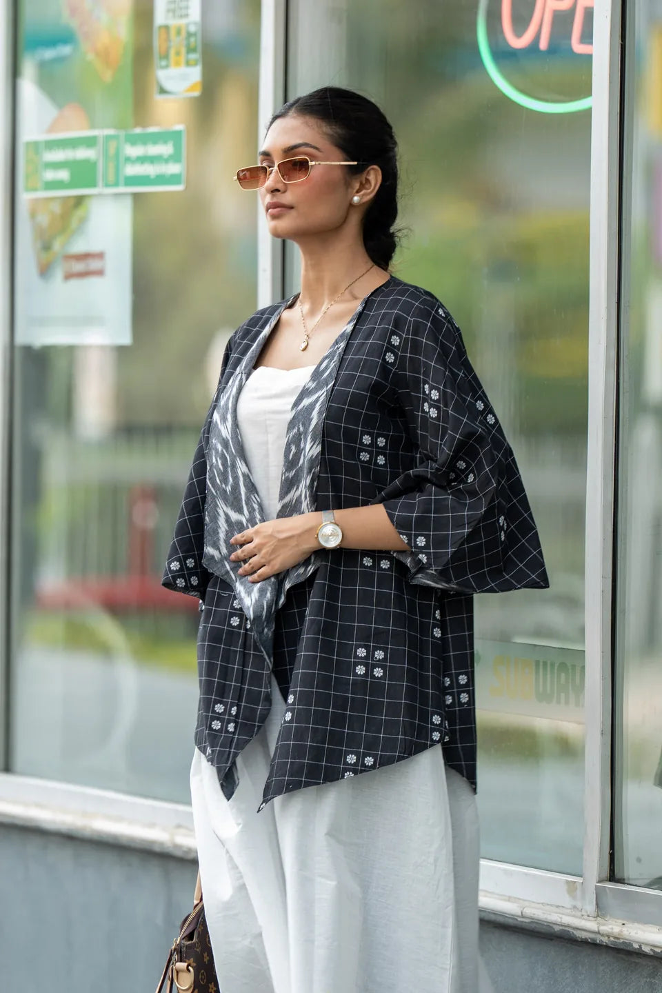 Domino Drape — Reversible Check & Grey Ikat Cotton Waterfall Shrug