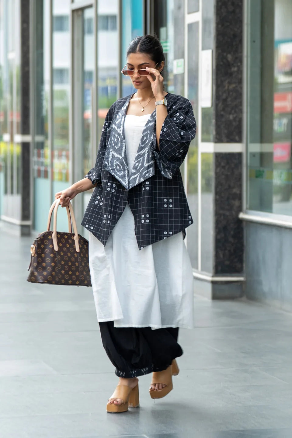 Domino Drape — Reversible Check & Grey Ikat Cotton Waterfall Shrug