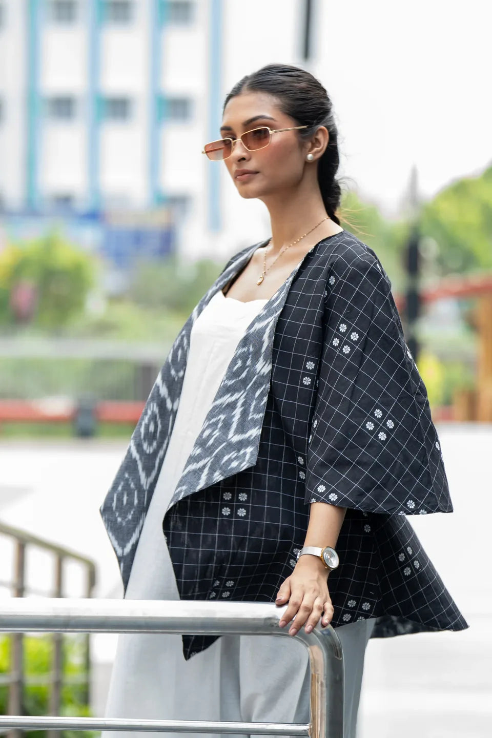Domino Drape — Reversible Check & Grey Ikat Cotton Waterfall Shrug