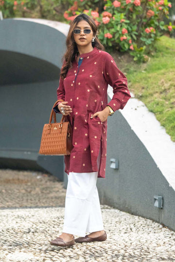 Garnet Coin — Handloom Cotton A-Line Kurta with Woven Gold Buti