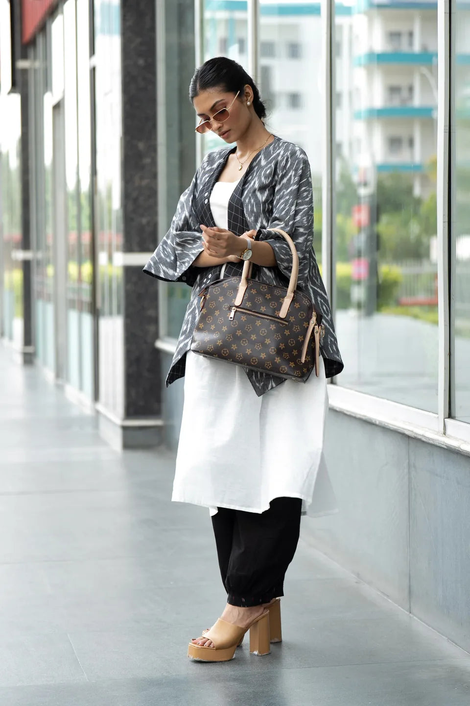Domino Drape — Reversible Check & Grey Ikat Cotton Waterfall Shrug
