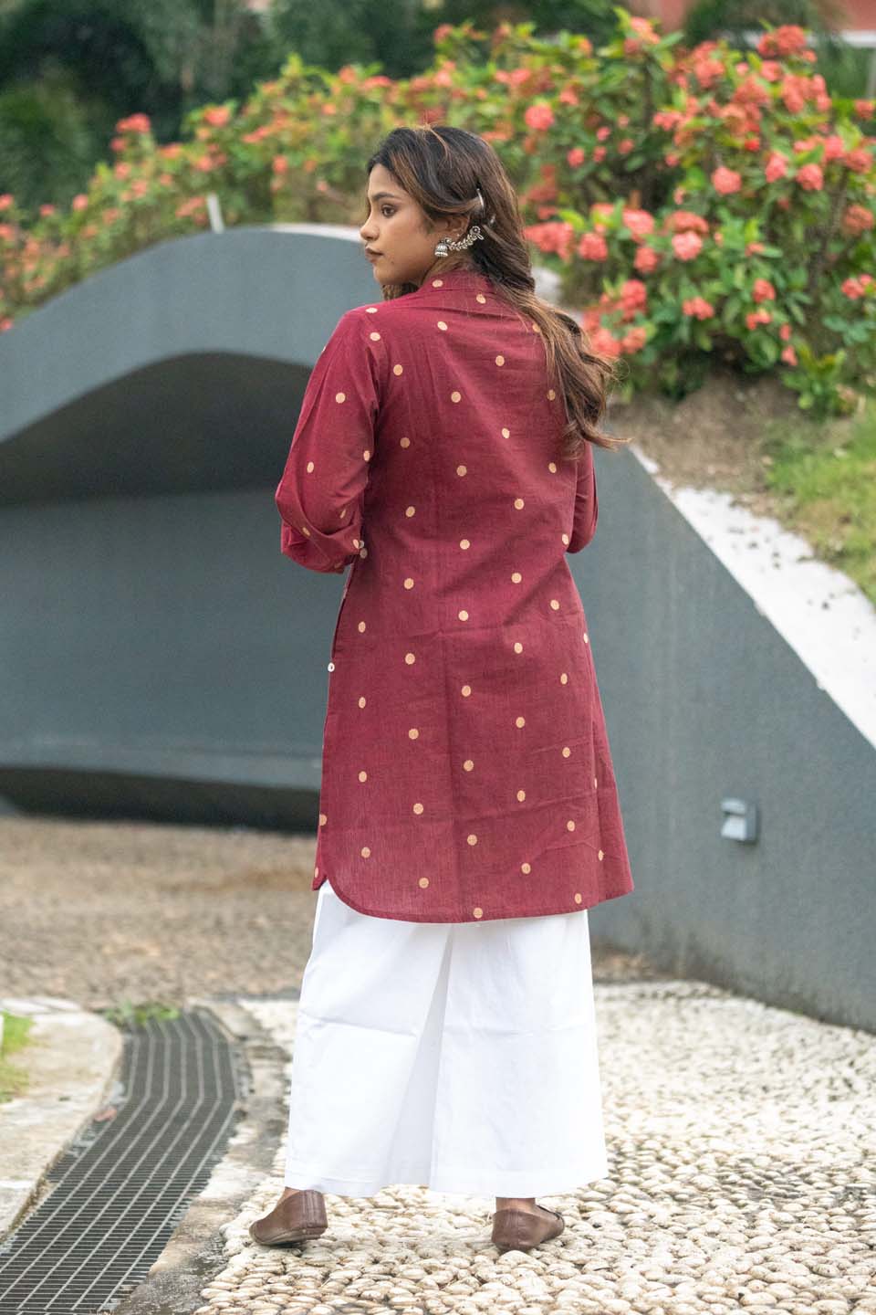Garnet Coin — Handloom Cotton A-Line Kurta with Woven Gold Buti