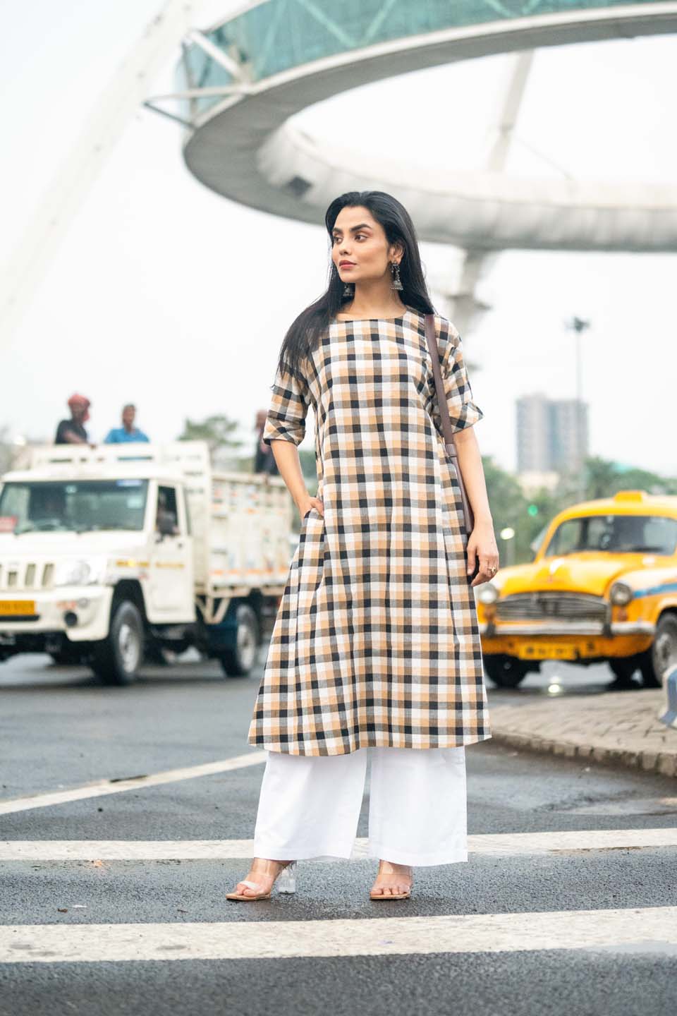 Amber Grid — Handloom Woven Check Kurta with Back Button Detail