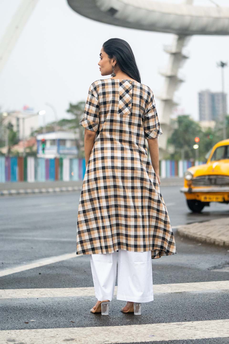 Amber Grid — Handloom Woven Check Kurta with Back Button Detail