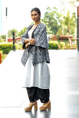Domino Drape — Reversible Check & Grey Ikat Cotton Waterfall Shrug