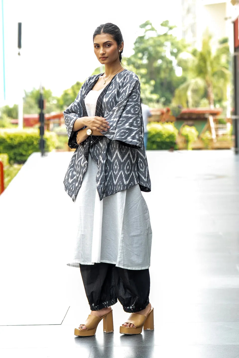 Domino Drape — Reversible Check & Grey Ikat Cotton Waterfall Shrug