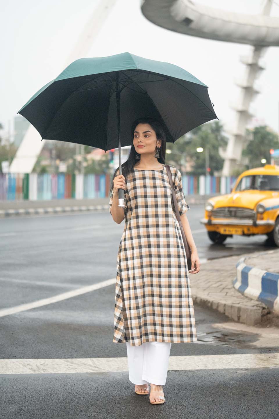 Amber Grid — Handloom Woven Check Kurta with Back Button Detail
