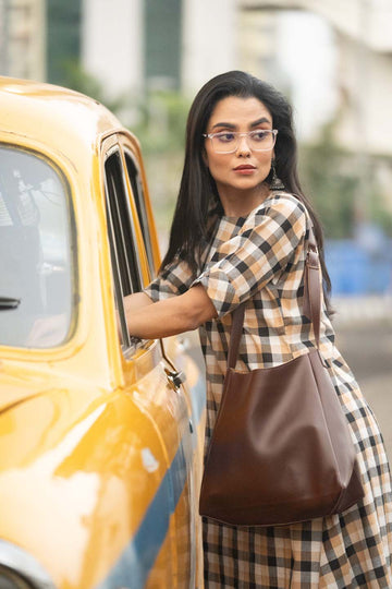 Amber Grid — Handloom Woven Check Kurta with Back Button Detail