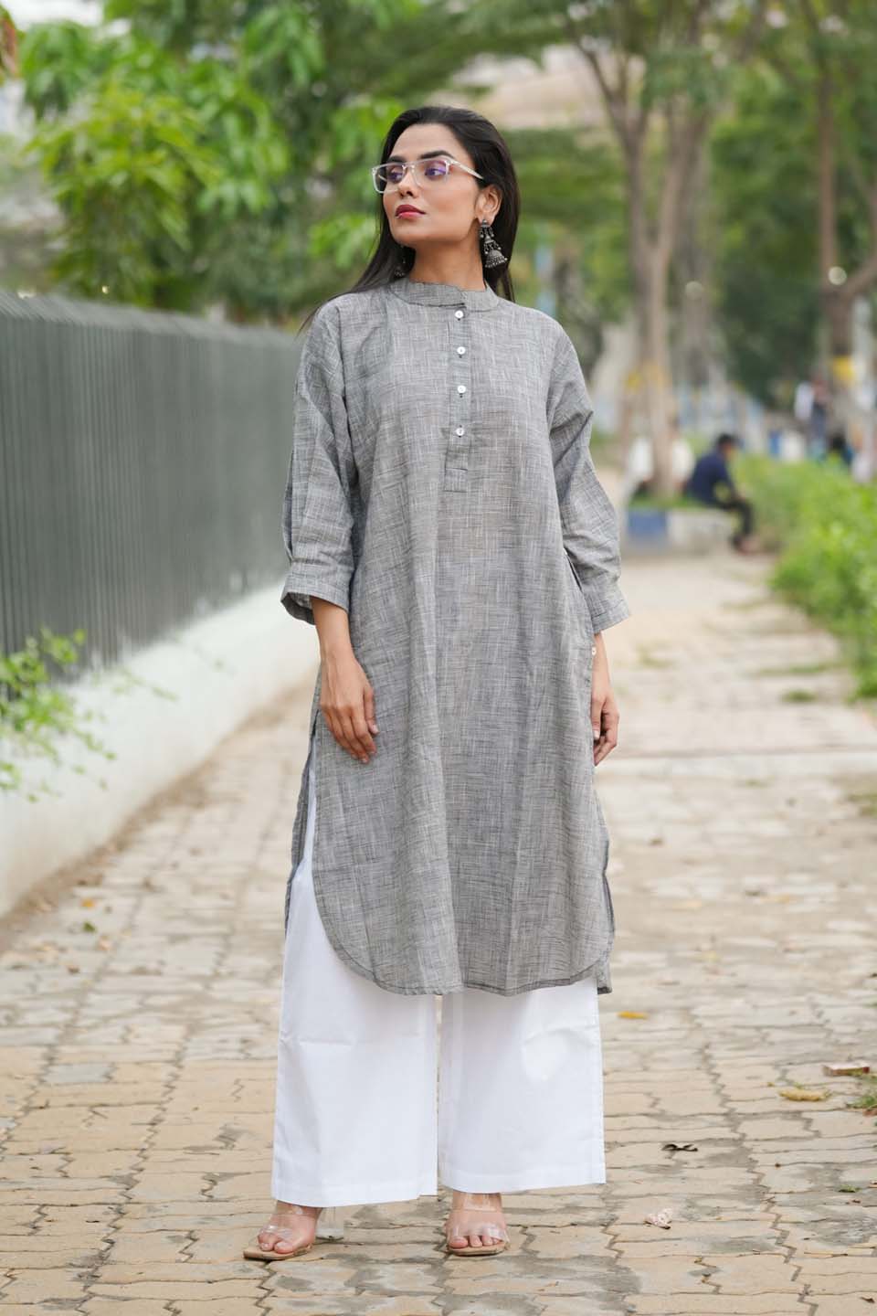 Slate Ease — Handloom Cotton Long Kurta with Back Pleat