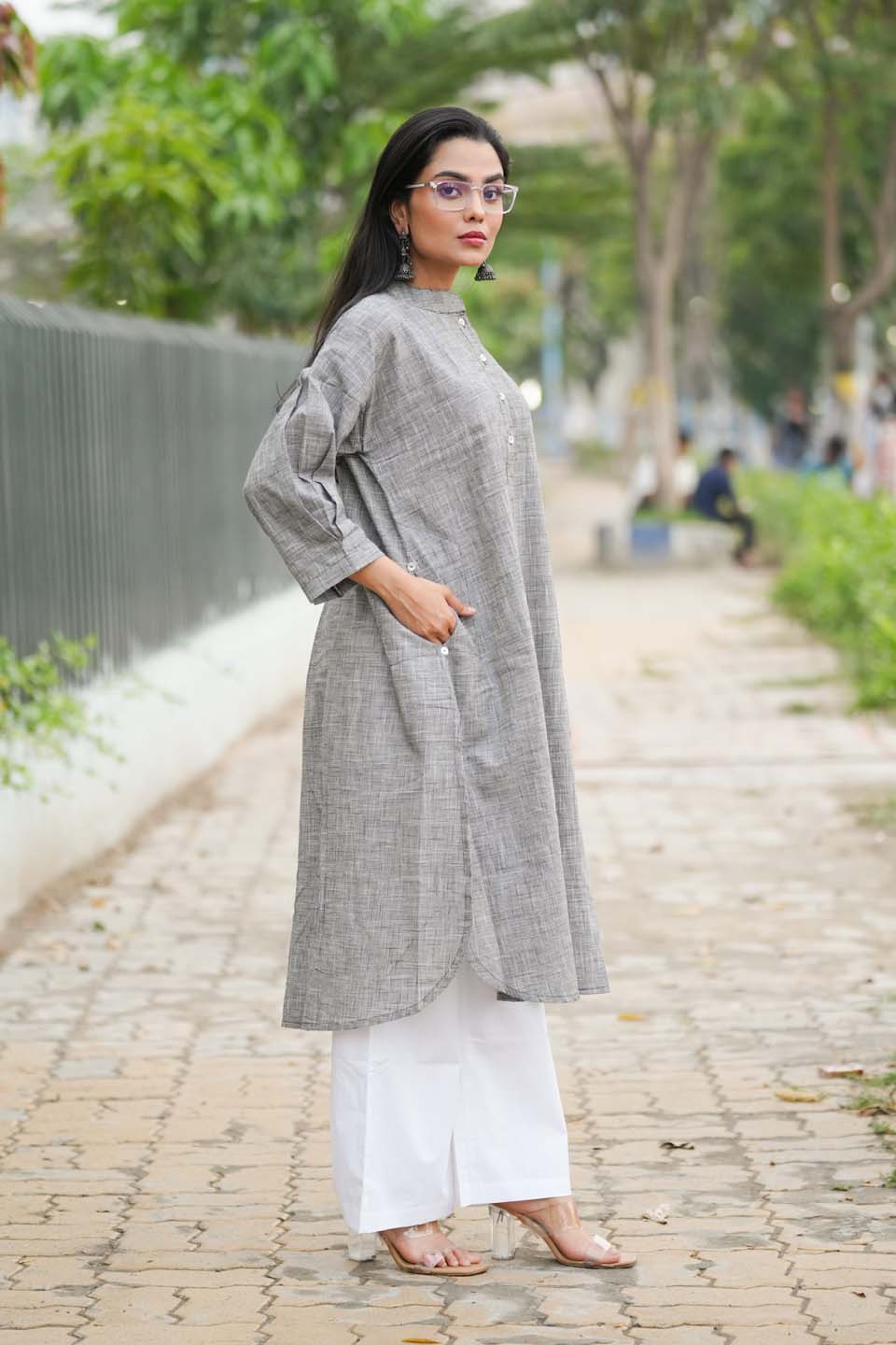 Slate Ease — Handloom Cotton Long Kurta with Back Pleat