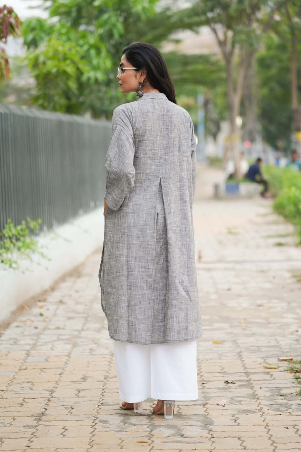 Slate Ease — Handloom Cotton Long Kurta with Back Pleat