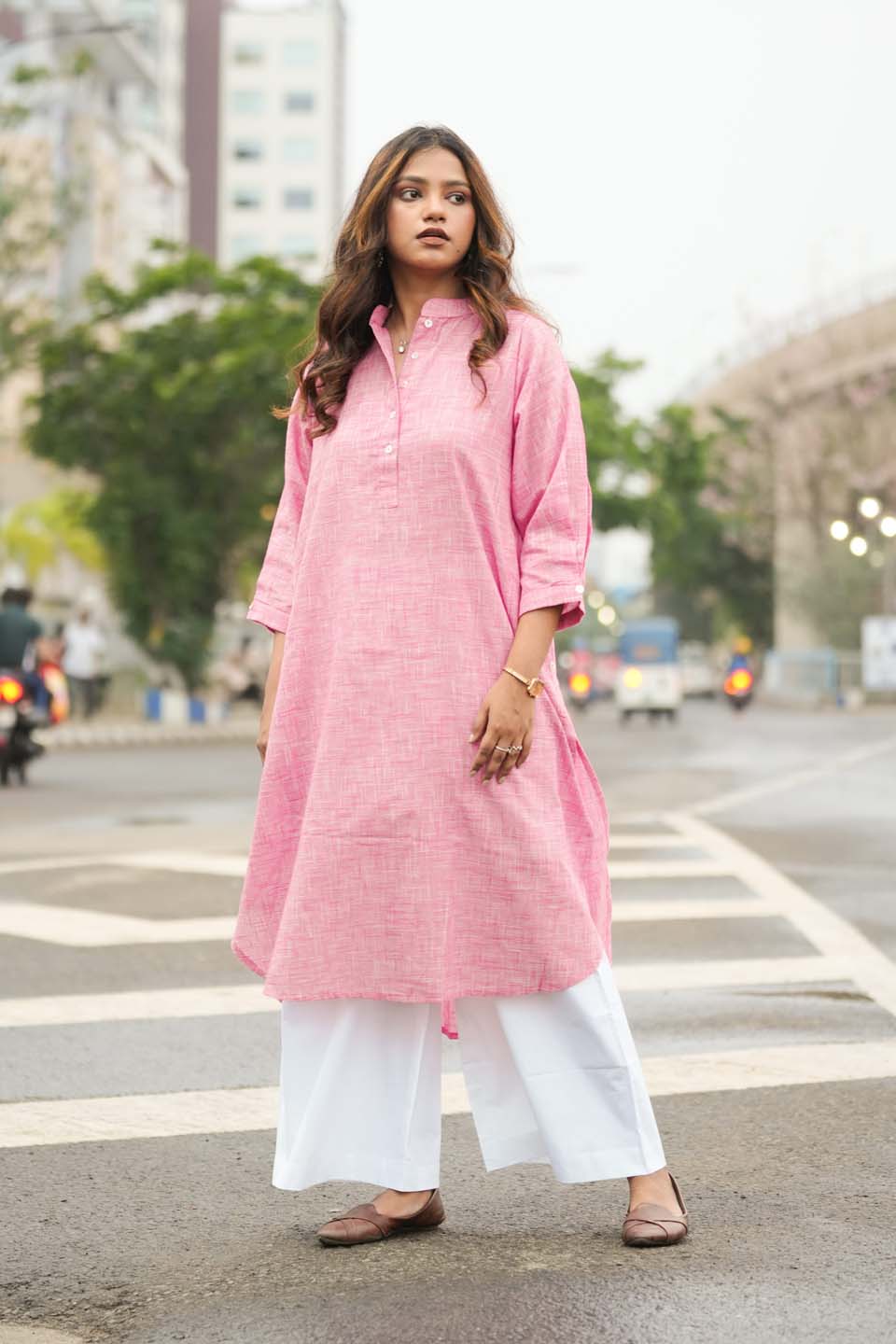 Candy Pleat — Handloom Cotton Antifit Kurta in Rani Pink