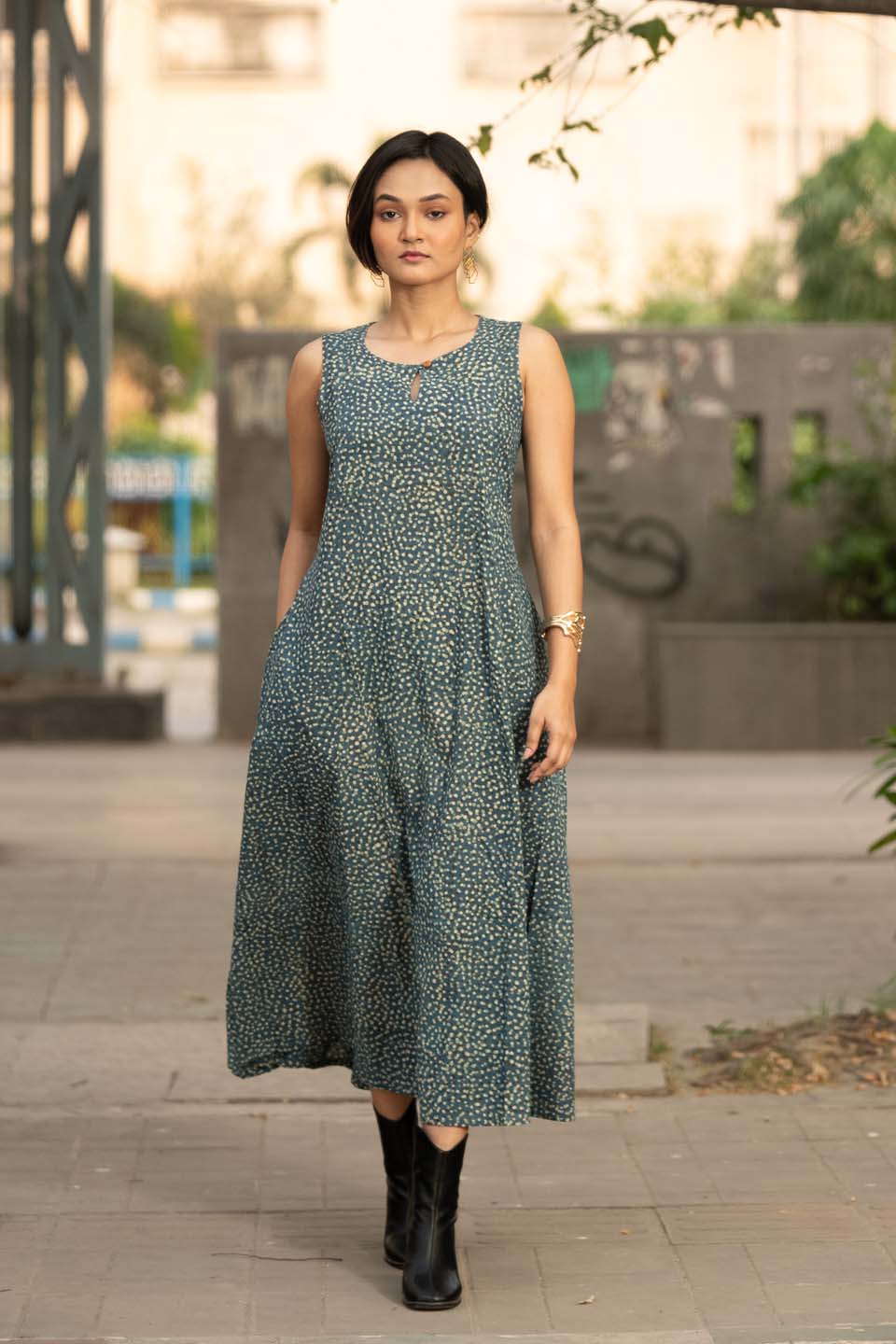 Teal Buti — Sleeveless A-Line Flared Cotton Dress in Scattered Buti Print