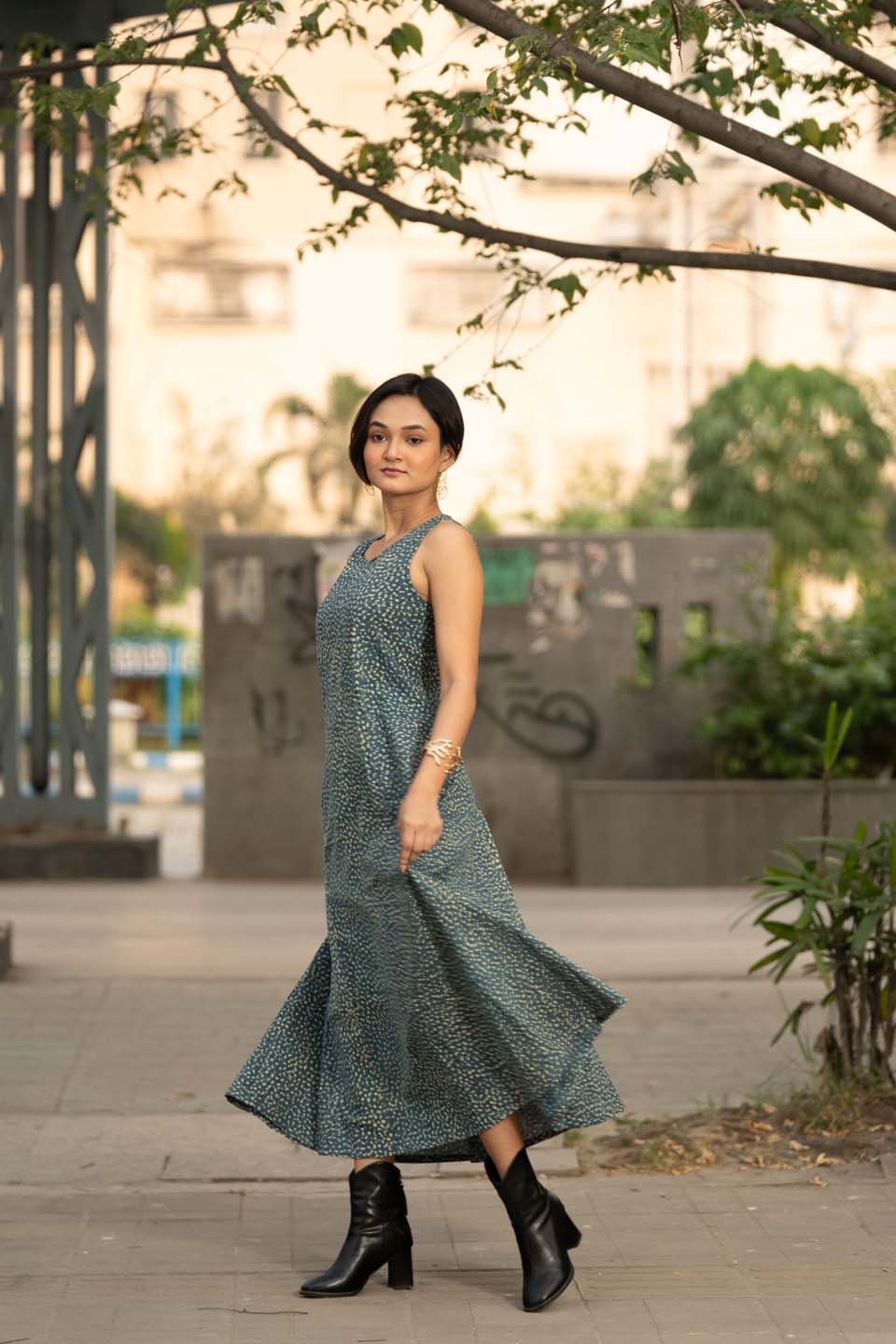 Teal Buti — Sleeveless A-Line Flared Cotton Dress in Scattered Buti Print