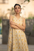 Golden Lattice — Hand Block Print Cotton A-Line Dress