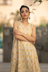 Golden Lattice — Hand Block Print Cotton A-Line Dress