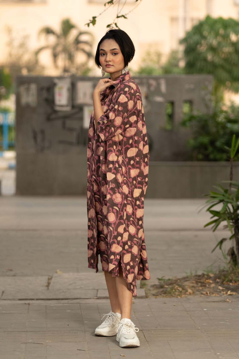 Plum Vine — Block Print Cotton Tiered Shirt Dress with High-Low Hem