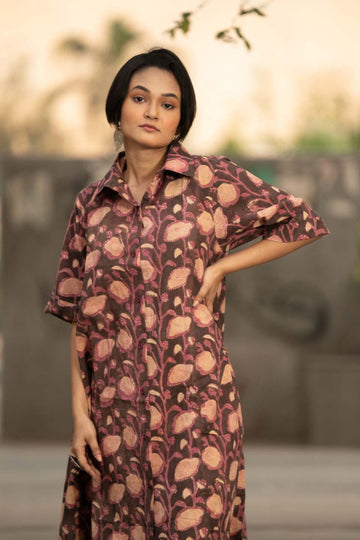 Plum Vine — Block Print Cotton Tiered Shirt Dress with High-Low Hem
