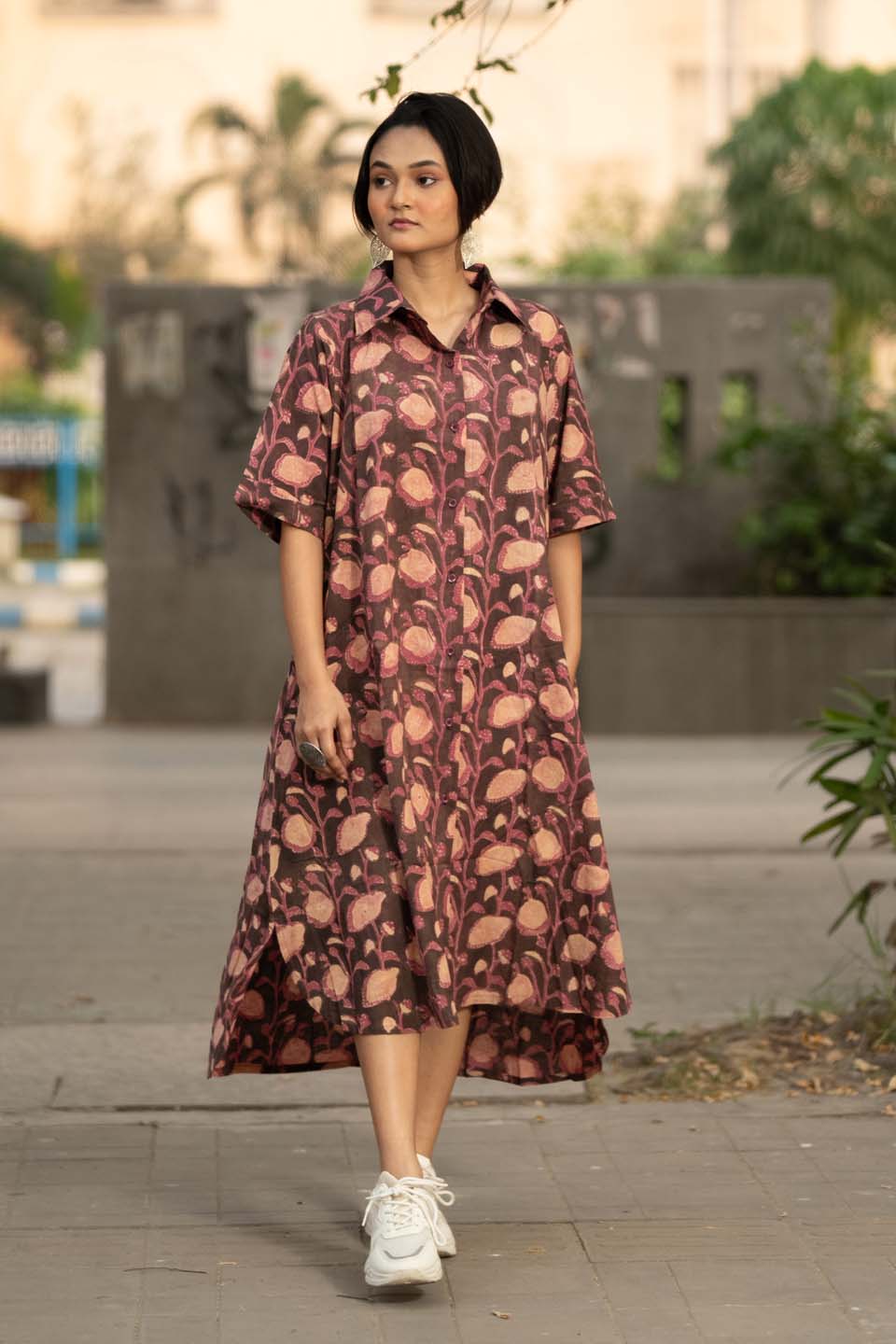 Plum Vine — Block Print Cotton Tiered Shirt Dress with High-Low Hem