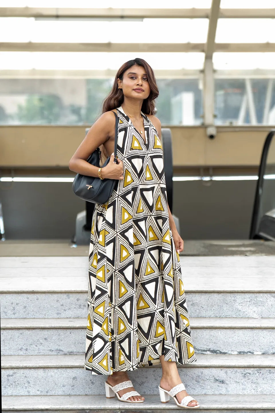 Mosaic Noir — Geometric Print Sleeveless Cotton Maxi Dress