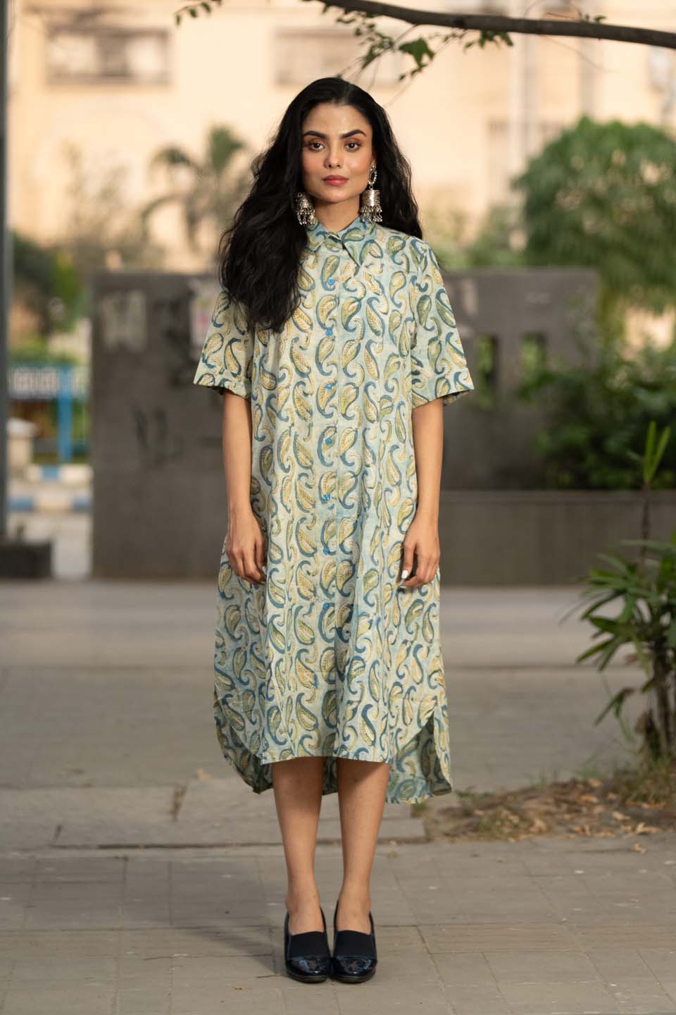 Mist Paisley — Block Print Cotton Kaftan Dress with High-Low Hem