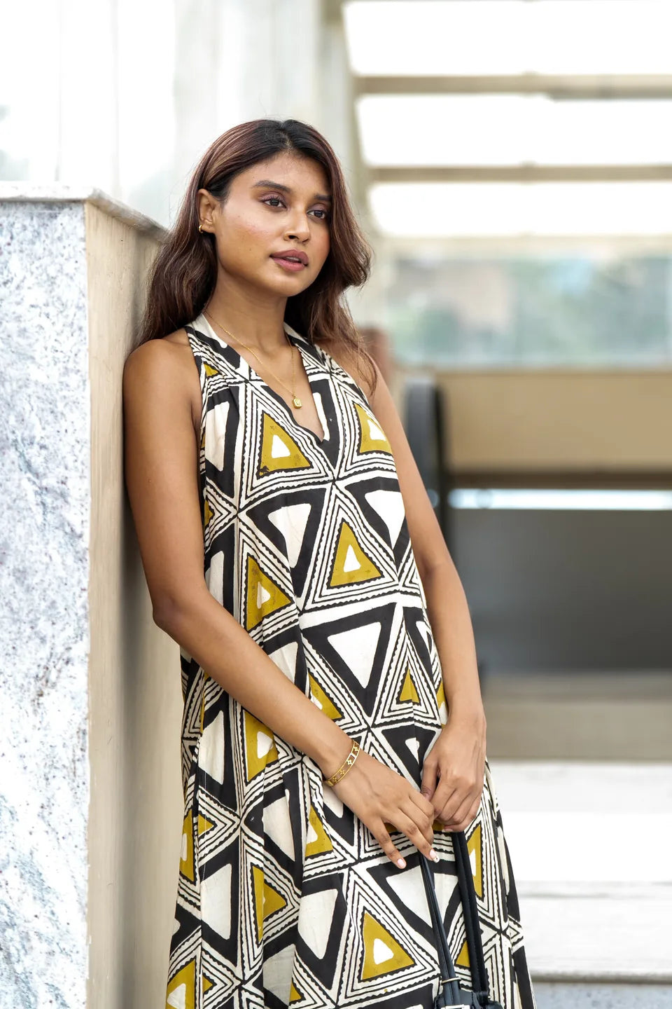 Mosaic Noir — Geometric Print Sleeveless Cotton Maxi Dress