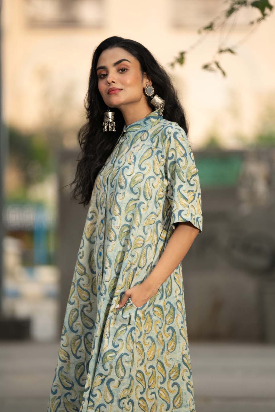 Mist Paisley — Block Print Cotton Kaftan Dress with High-Low Hem