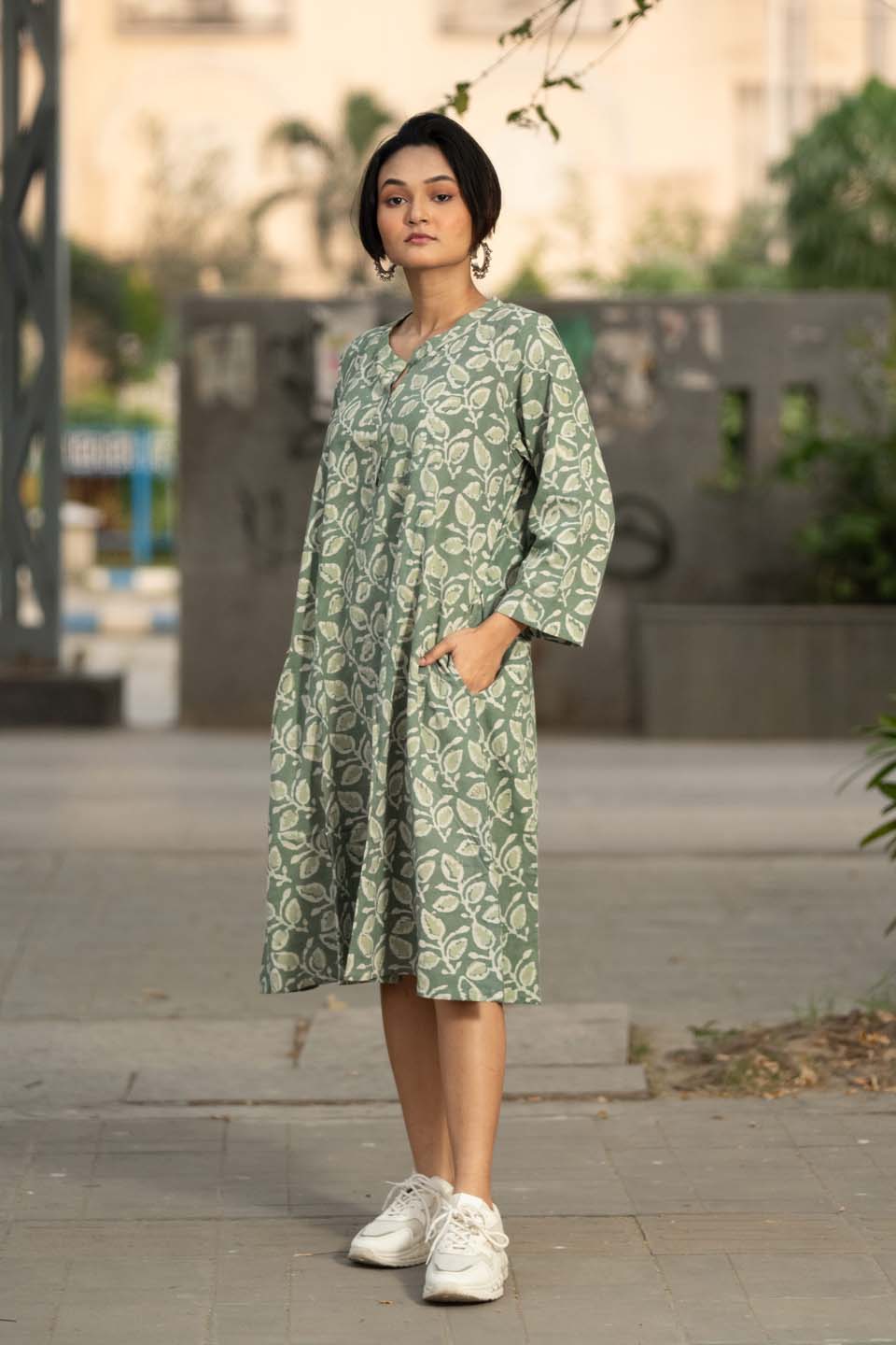 Sage Leaf — Block Print Cotton Pleated Kaftan Dress