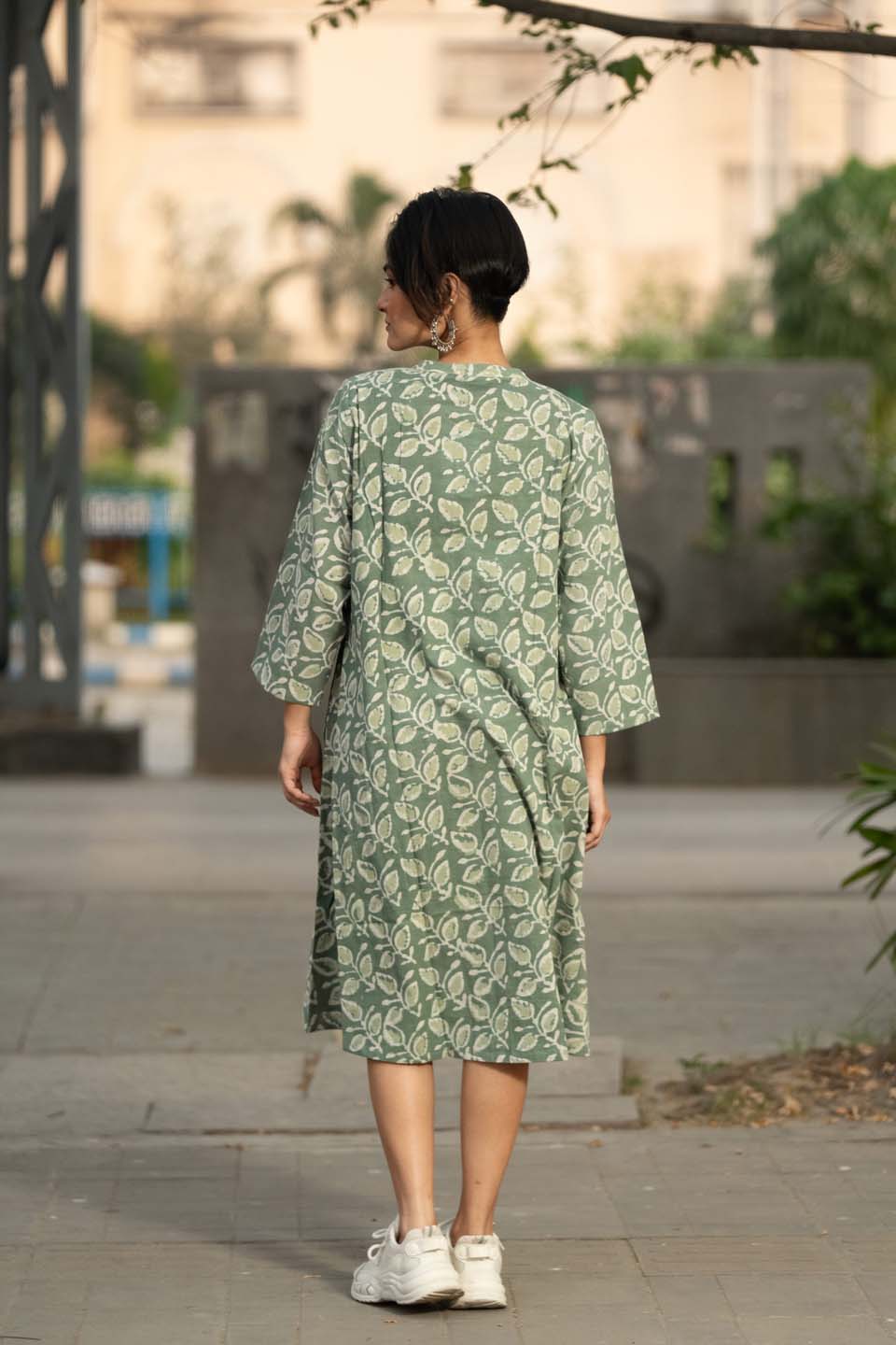 Sage Leaf — Block Print Cotton Pleated Kaftan Dress