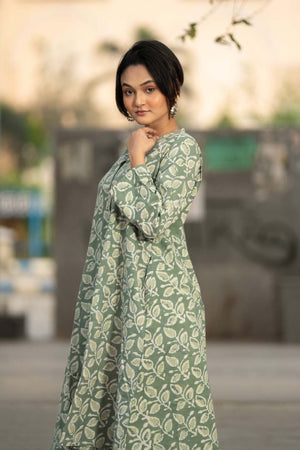 Sage Leaf — Block Print Cotton Pleated Kaftan Dress