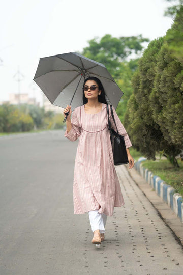 Blush Pleat — Empire-Cut Striped Cotton Kurta