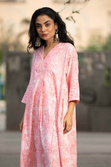 Blush Vine — Block Print Cotton Pleated Kaftan Dress