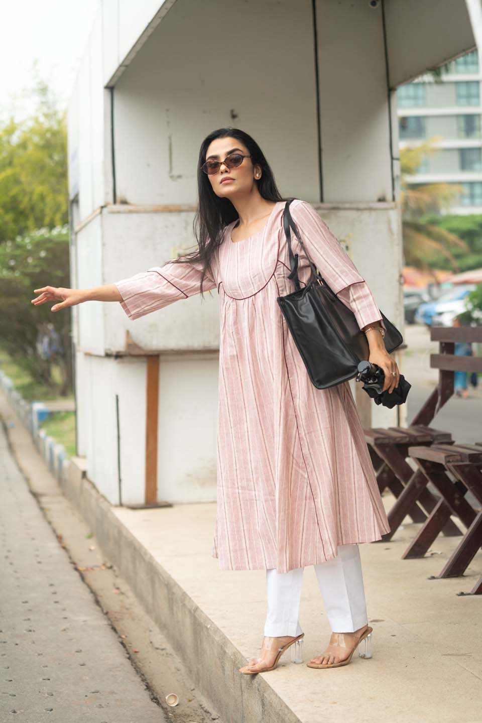 Blush Pleat — Empire-Cut Striped Cotton Kurta