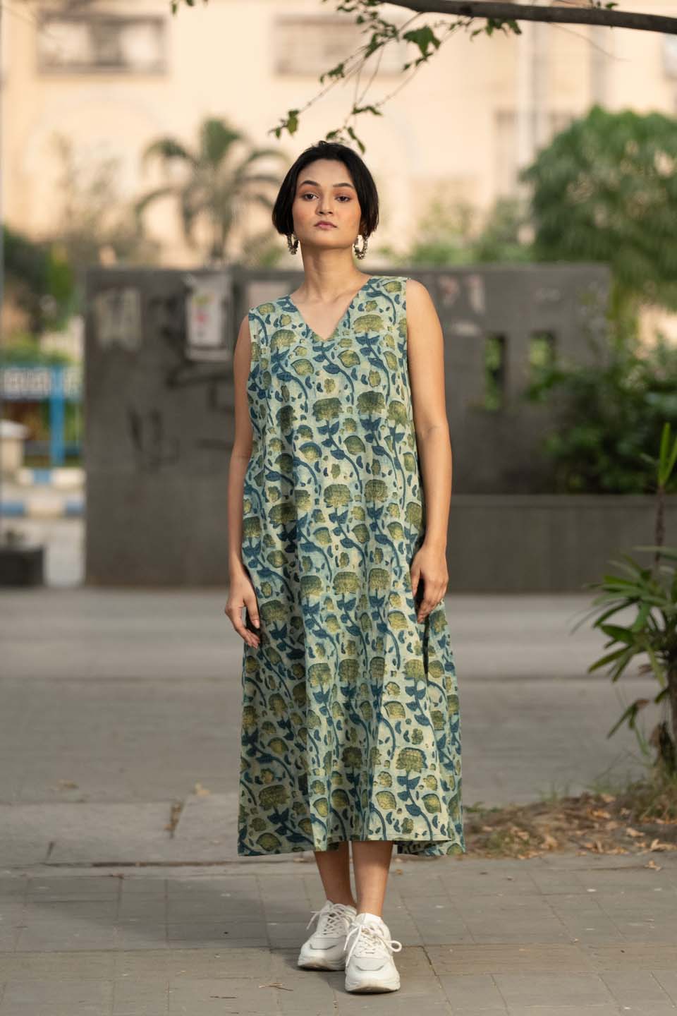 Garden Mist — Block Print Cotton Pleated Dress in Mint Botanical