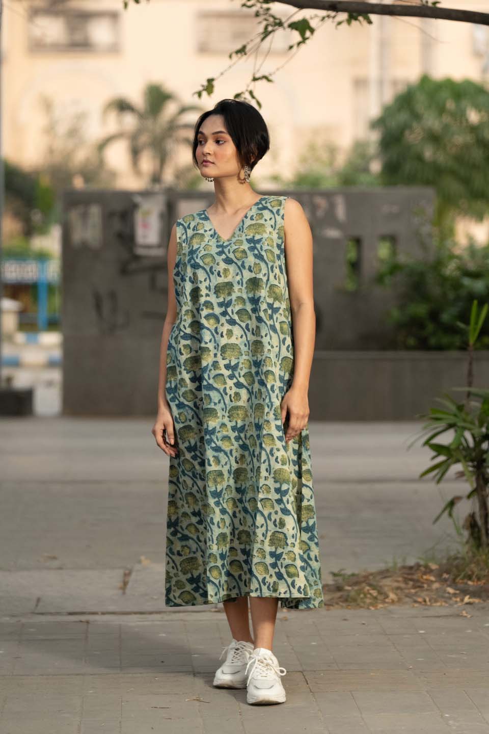 Garden Mist — Block Print Cotton Pleated Dress in Mint Botanical