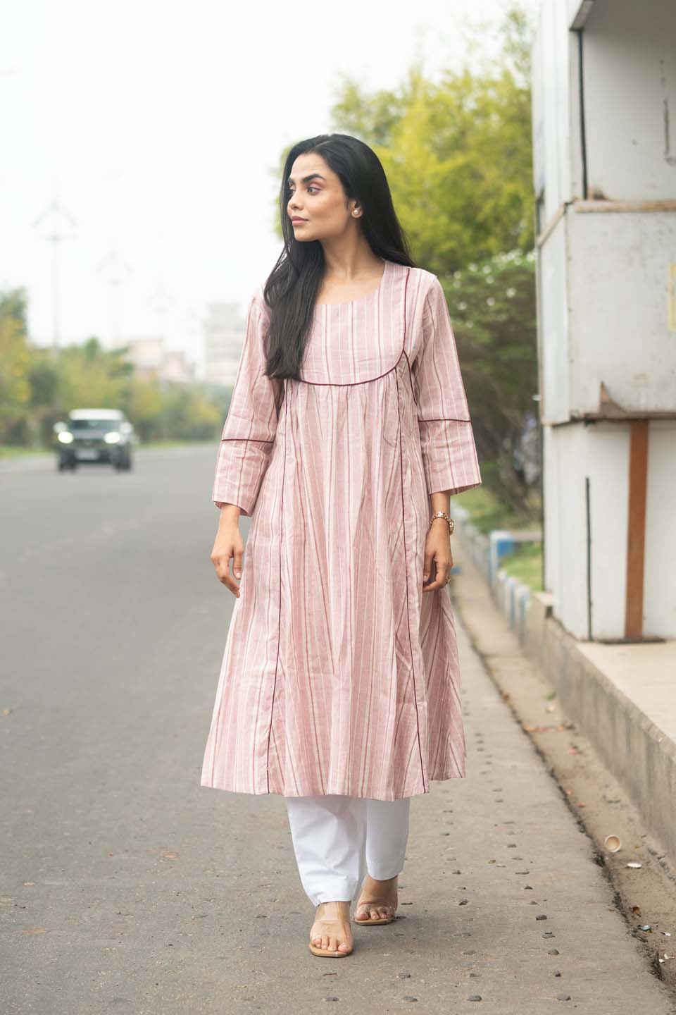 Blush Pleat — Empire-Cut Striped Cotton Kurta