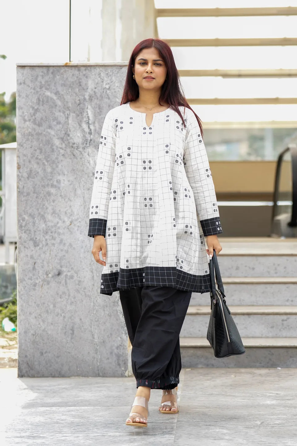 Pepper Check — Black & White Check Flared Cotton Kurti