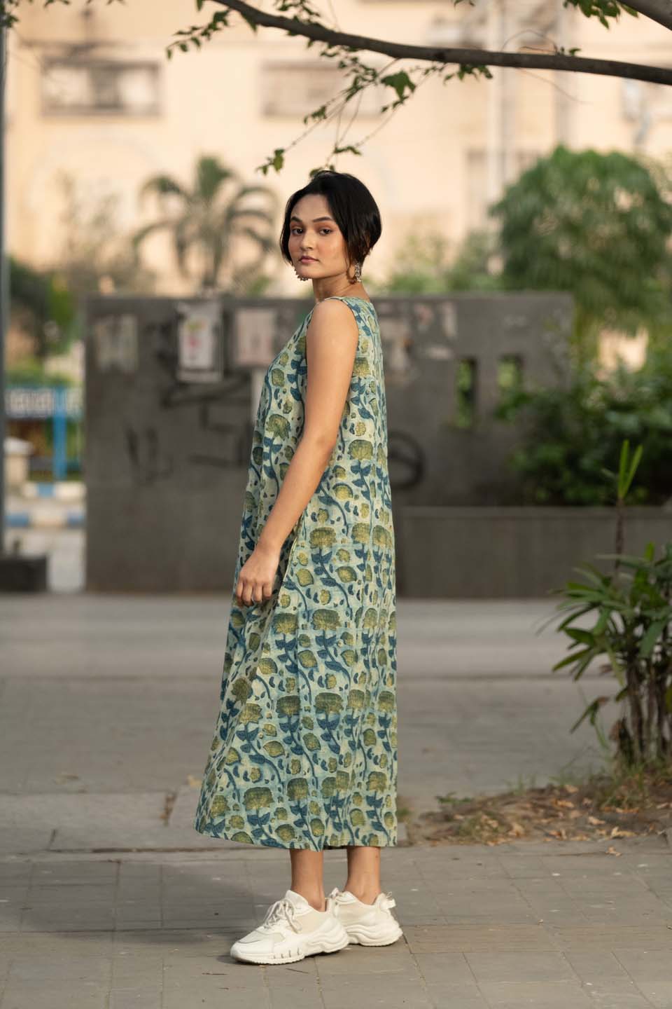 Garden Mist — Block Print Cotton Pleated Dress in Mint Botanical