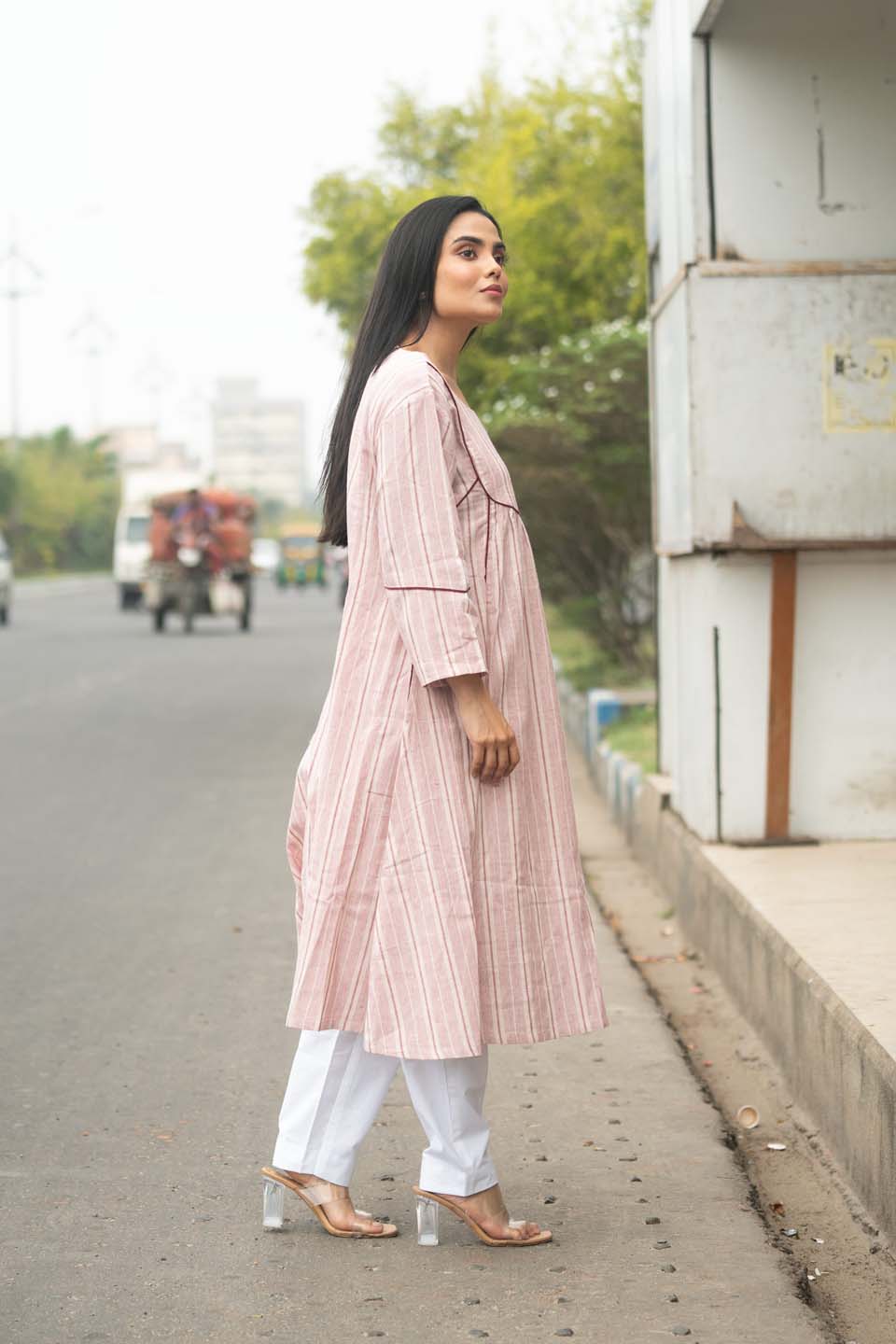 Blush Pleat — Empire-Cut Striped Cotton Kurta